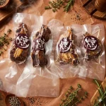 木質餐桌上的四包真空包裝煙燻帶骨牛小排邊料，周圍裝飾有迷迭香、百里香與黑胡椒粒。