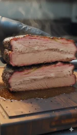 戴著黑色手套的職人展示剛切開的煙燻牛胸肉整顆，斷面流出豐沛肉汁，邊緣呈現深粉紅色的煙燻環，散發熱氣。